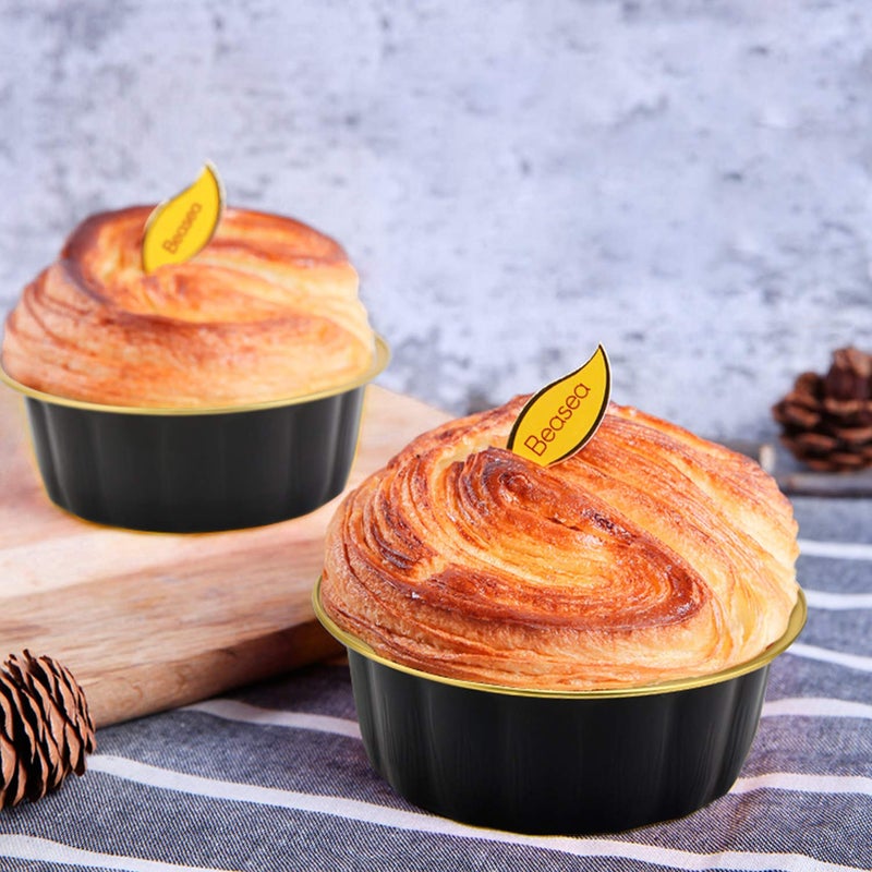 Beasea Disposable Ramekins with Lids, 8 oz 50 Pack Black Gold Aluminum Foil Cups, Disposable Creme Brulee Muffin Cupcake Baking Cup Mini Pudding Cups for Party Wedding Birthday - Image 4